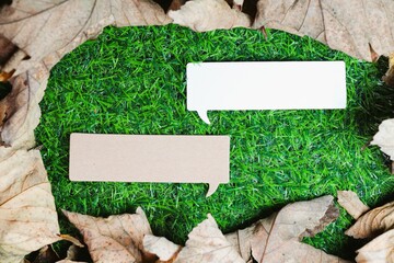 Two speech bubbles, one white and one brown, against a bright green grassy background surrounded by dry leaves. 