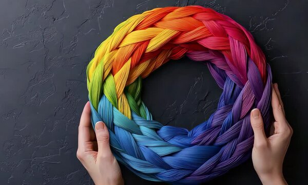 Colorful braided wreath held by hands on dark background