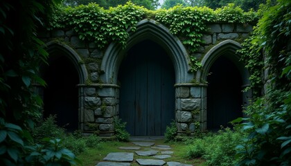Fototapeta premium Mysterious stone archways covered in ivy leading to wooden doors