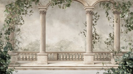 Obraz premium Wallpaper with scenes of Roman architecture and vines, creating a classic vintage atmosphere, isolated on white
