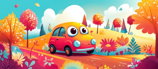 Naklejka premium Cute cartoon car driving on a winding road through a colorful autumn landscape with trees, flowers, and a bright blue sky.