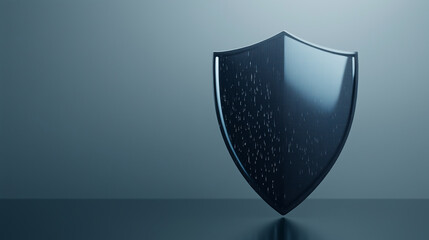 3D render of dark blue shield on grey background with copy space for text, cybersecurity or protection from data breaches concept