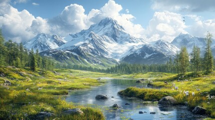Fototapeta premium Serene mountain landscape with a river and lush greenery.