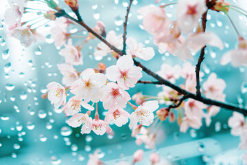 cherry blossoms projected onto rain-covered window, dreamy double-exposure effect