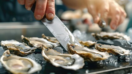 Close-up RAW Style of Raw oyster shucking technique, fresh seafood skill