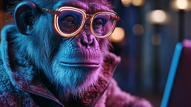 Chimpanzee wearing glasses working on laptop