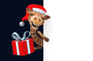 Fun 3D cartoon santa giraffe with a blank sign