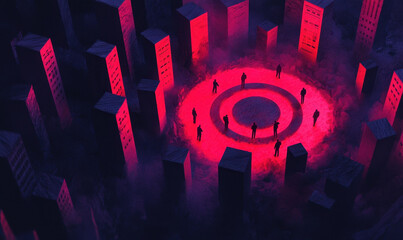 Mystical Urban Circle: Neon Lights and Silhouetted Figures in a Dark Cityscape