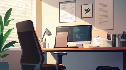 Business work at home, showing a professional desk setup with a computer and office supplies, vector style