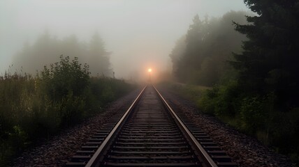 Fototapeta premium Train track leading into dense fog with glowing signal light