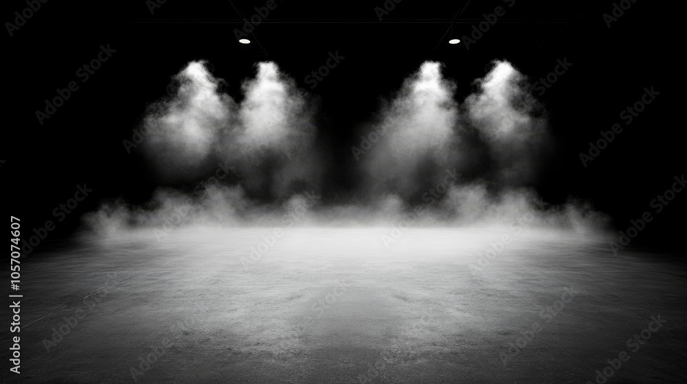 Aufkleber a dense layer of fog and smoke rests on a concrete floor, surrounded by an all-black background that