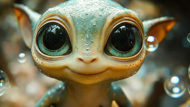 Charming troll playfully smiling and posing amidst whimsical soap bubbles