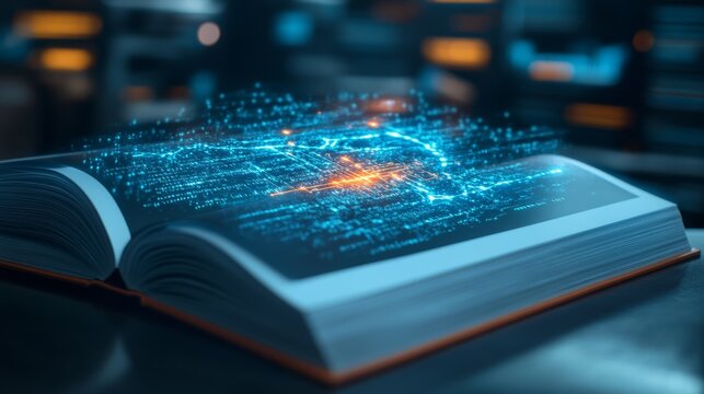 An open book featuring a classic glossary intertwines with an innovative digital glossary, illustrating the evolution of knowledge from traditional to modern formats