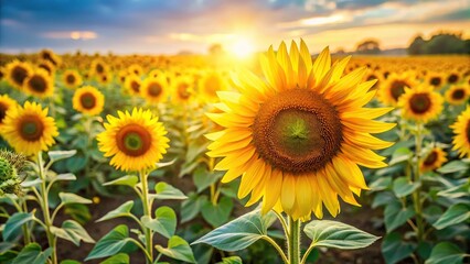 Fototapeta premium Aromatic sunflower field with tall stalks and bright yellow petals, countryside views, nature photography, floral arrangements, farm scenery