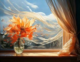 Windy Day: Illustrate a windy day where the curtains flutter, and the glass flower catches the breeze&rsquo;s whispers.


