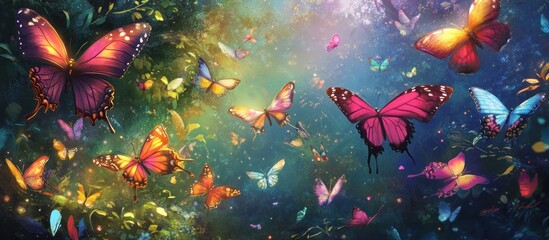 Colorful butterflies flutter through a vibrant, green forest with a soft, sun-drenched background.