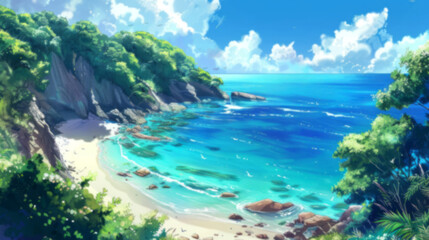 An anime-style illustration of an idyllic beach with crystal clear waters, sandy beaches, and lush greenery under a bright sky, focusing on the scene.