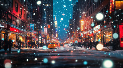 Obraz premium A vibrant city street illuminated with colorful Christmas lights.