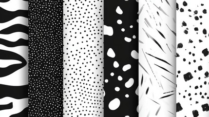 A series of black and white patterns, including zebra stripes, dots