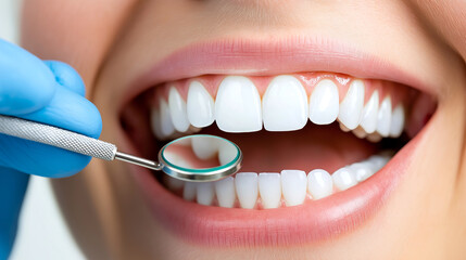 dentist performing teeth whitening on patient, showcasing bright, healthy teeth. dental tool reflects smile, emphasizing professional care involved
