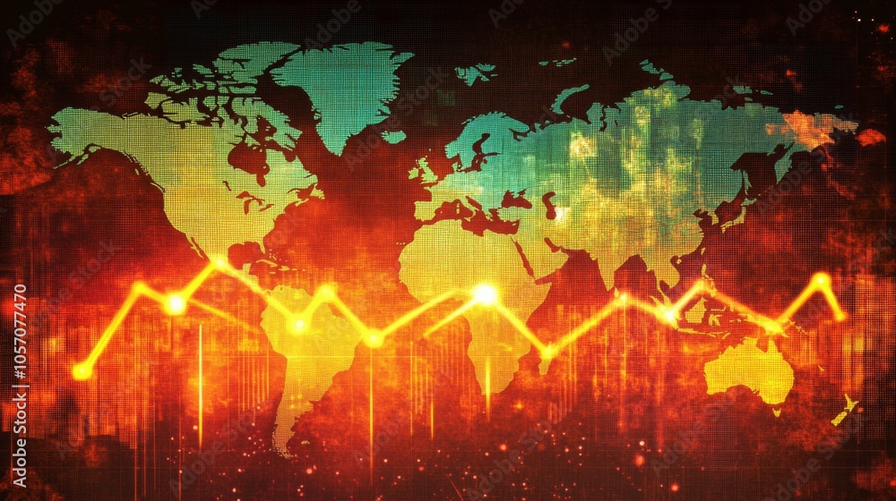 Poster a colorful world map with a red line that is going up and down