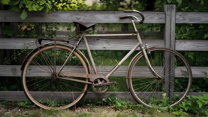Bicycle leaning against wooden fence with missing rear wheel