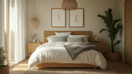 Minimalist Bedroom With Wooden Bed Frame Neutral Decor Soft Lighting Green Plant Woven Textures