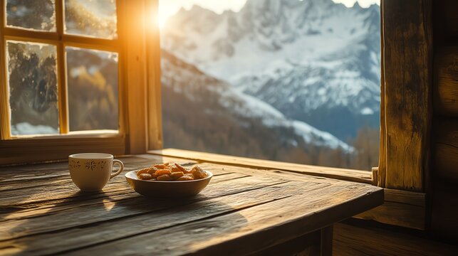Cozy cabin view with mountain sunrise
