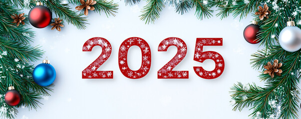 Festive 2025 design with colorful ornaments and pine branches, perfect for celebrating New Year. cheerful and vibrant atmosphere enhances holiday spirit