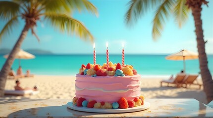 Celebrate your birthday with a tropical beach party and a delicious pink cake