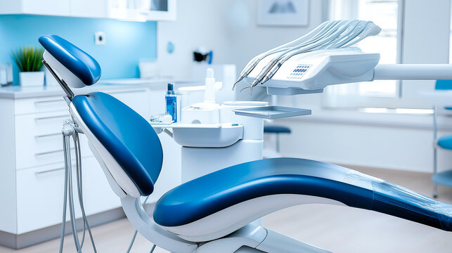 modern dental chair in bright clinic, ready for patient care. clean, blue environment promotes calming atmosphere for dental procedures