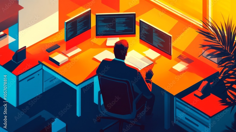Poster a man is sitting at a desk with three computer monitors in front of him