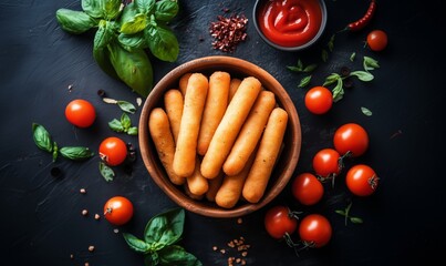 Golden breadsticks surrounded by fresh tomatoes and fragrant basil on a dark surface in a rustic kitchen setting during the day