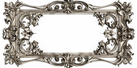 A rectangular blank sign frame with intricate Victorian-style metalwork, isolated on a white background.