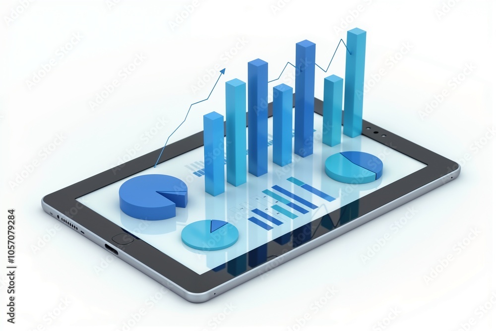 Poster a modern tablet displaying a graph along with pie charts on its screen