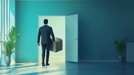 Fototapeta premium A man in a suit carrying a box walks through a doorway into a room