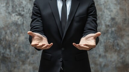 A man in a suit holding his hands outstretched