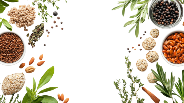 Colorful pattern with a mix of nuts and herbs, vibrant textured arrangement creates visual interest. closeup photography captures intricate detail.