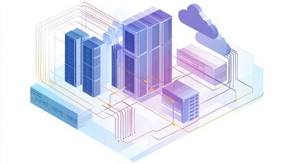 Cloud networking illustration, showing servers connected to cloud systems with digital flow lines
