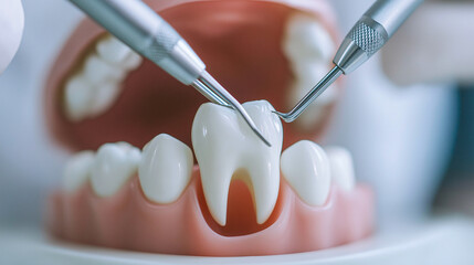 Close up of dental tools examining tooth model, showcasing dental care and procedures. image highlights importance of oral health and dental hygiene