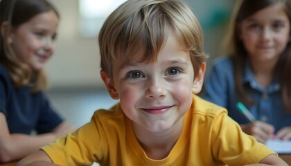 Happy young kindergarten boy in a classroom, student education and learning.