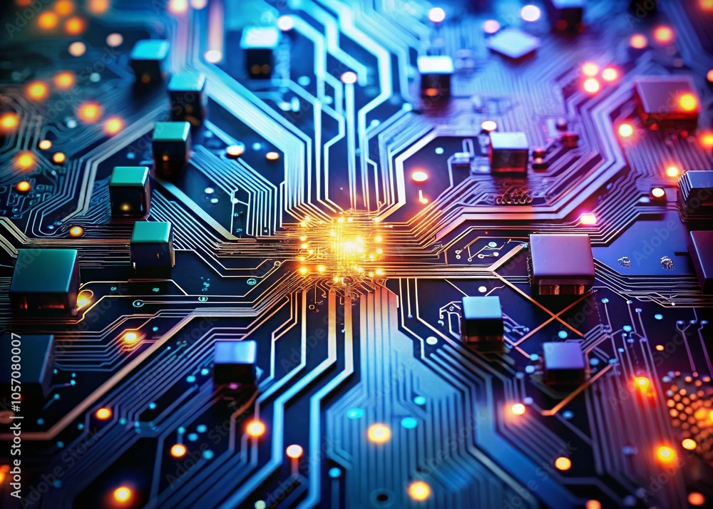 Poster futuristic circuit board design for high-tech digital data presentation and internet connectivity