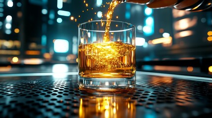 Golden Liquid Pouring into Glass on Metal Surface with Bokeh Lights