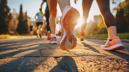 A group of friends jogs in the early morning light, focusing on their legs and shoes with a blurred background of a city park at sunrise.