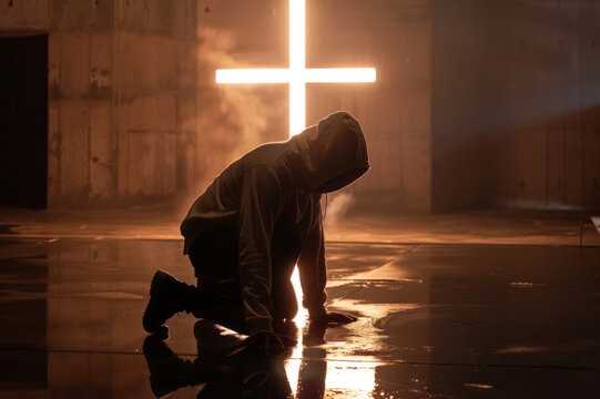 A man in a hoodie kneels on the floor, holding his head down and looking at a glowing cross above him in a room with concrete walls.