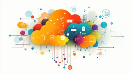 Cloud solutions illustration, showing a cloud with data connections and digital integration symbols