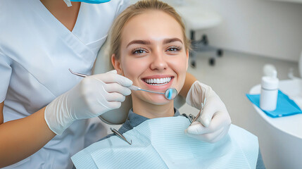 Dental hygienist performing teeth polishing on smiling patient in clinic. hygienist uses dental tools while patient enjoys bright smile, showcasing positive dental experience