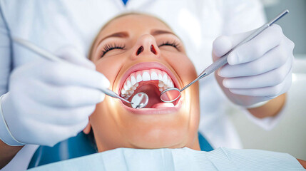 Naklejka premium Patient reclining in dental chair, smiling with open mouth during routine dental check up. dentist uses tools for examination and cleaning