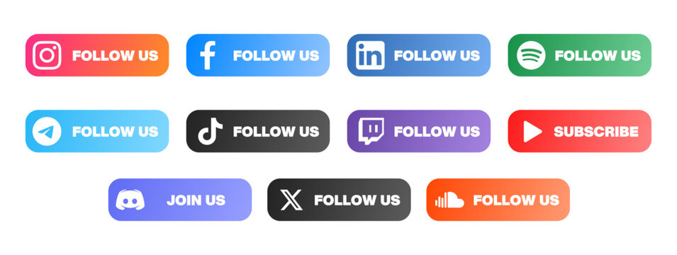 follow us Instagram, Youtube, Telegram, twitter, TikTok, Discord, Twitch banner, social media logos. Follow us button. Social media icon. Vector illustration.