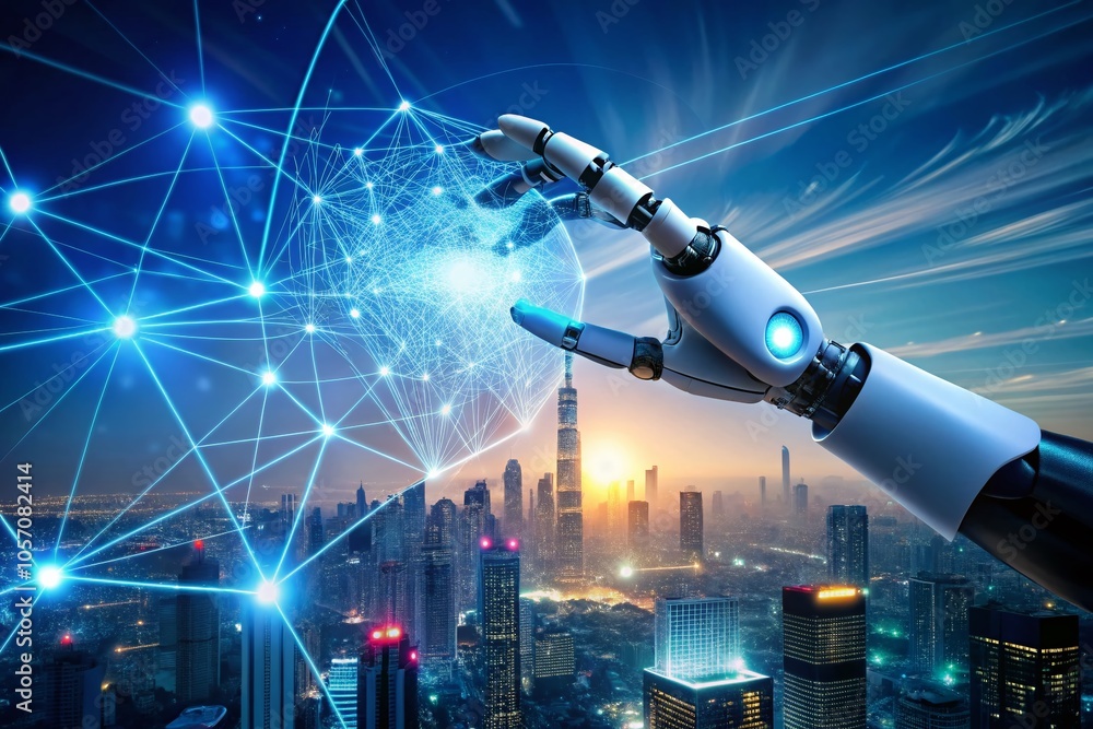 Poster futuristic robot hand pressing 5g button in high-tech environment for advanced connectivity